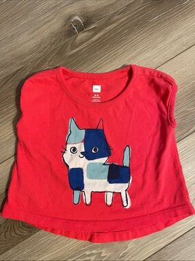 Tea Collection 6-9M Short-Sleeve Coral Tee with Blue & White Patchwork Cat